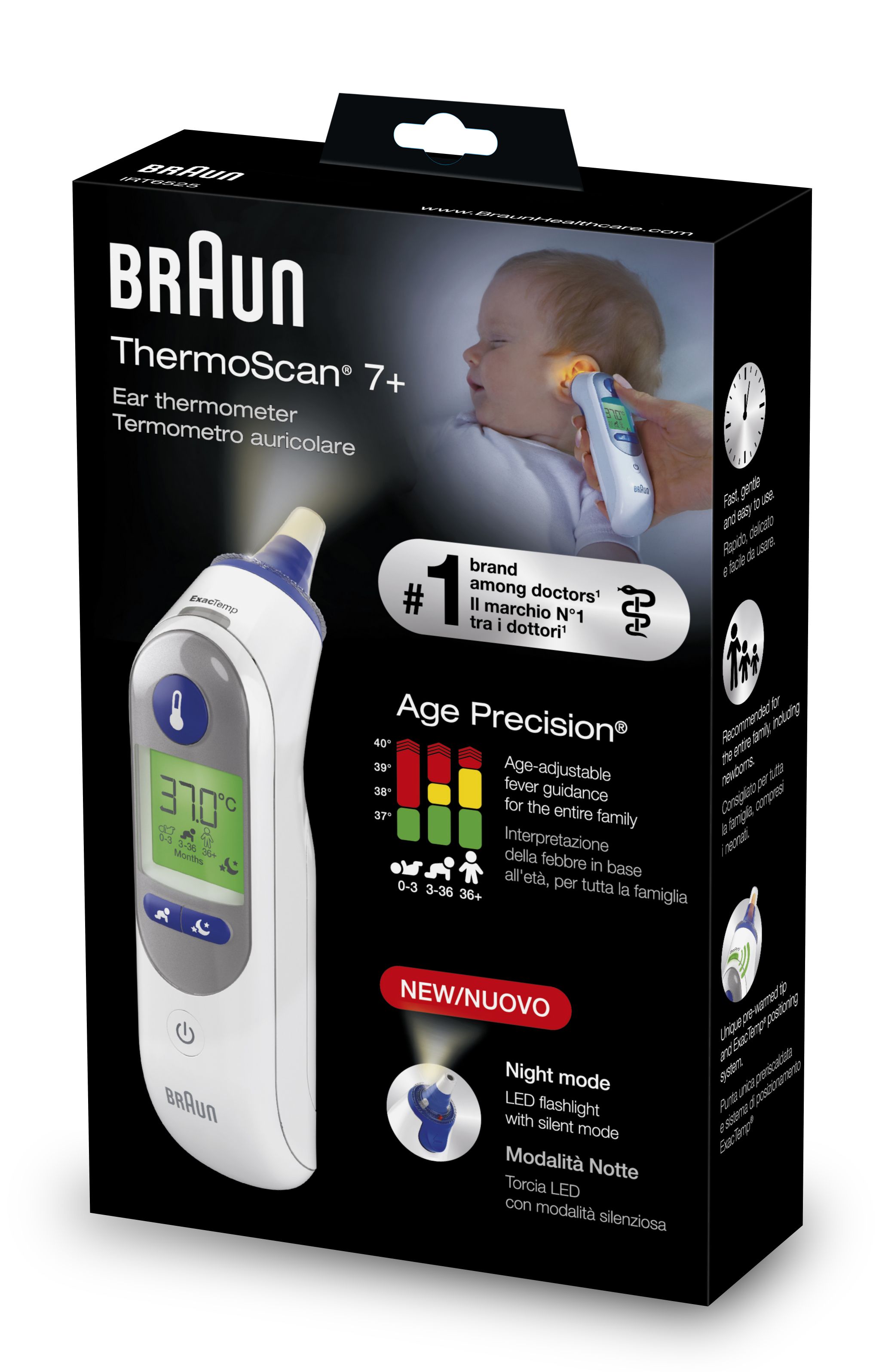 Thermometer Braun ThermoScan 7+ mit Age Precision und Nachtmodus